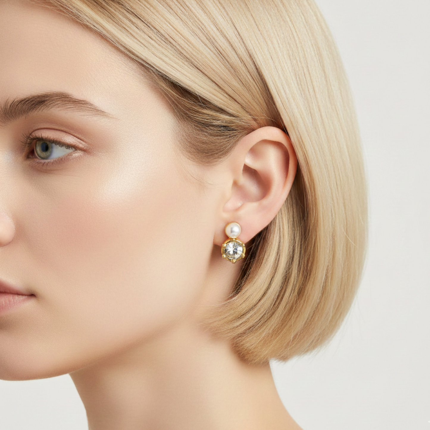 Radiant Harmony Stud Earrings – Clear Stone and Pearl Duo