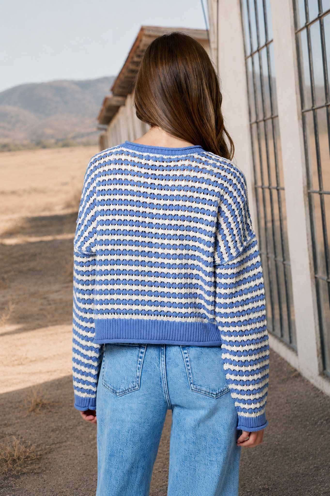 TEXTURED STRIPE CROCHET KNIT BUTTON DOWN CARDIGAN