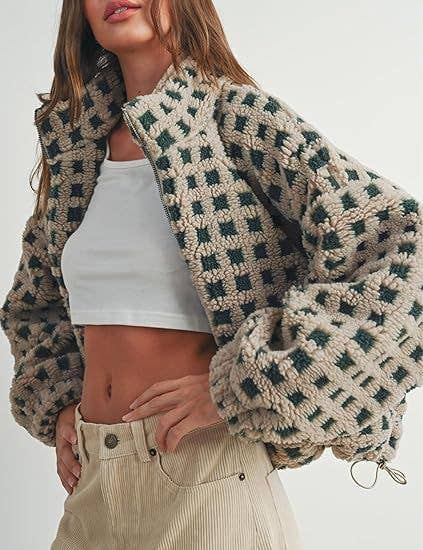 Checkered Gingham Sherpa zip-up jacket 6 COLORS