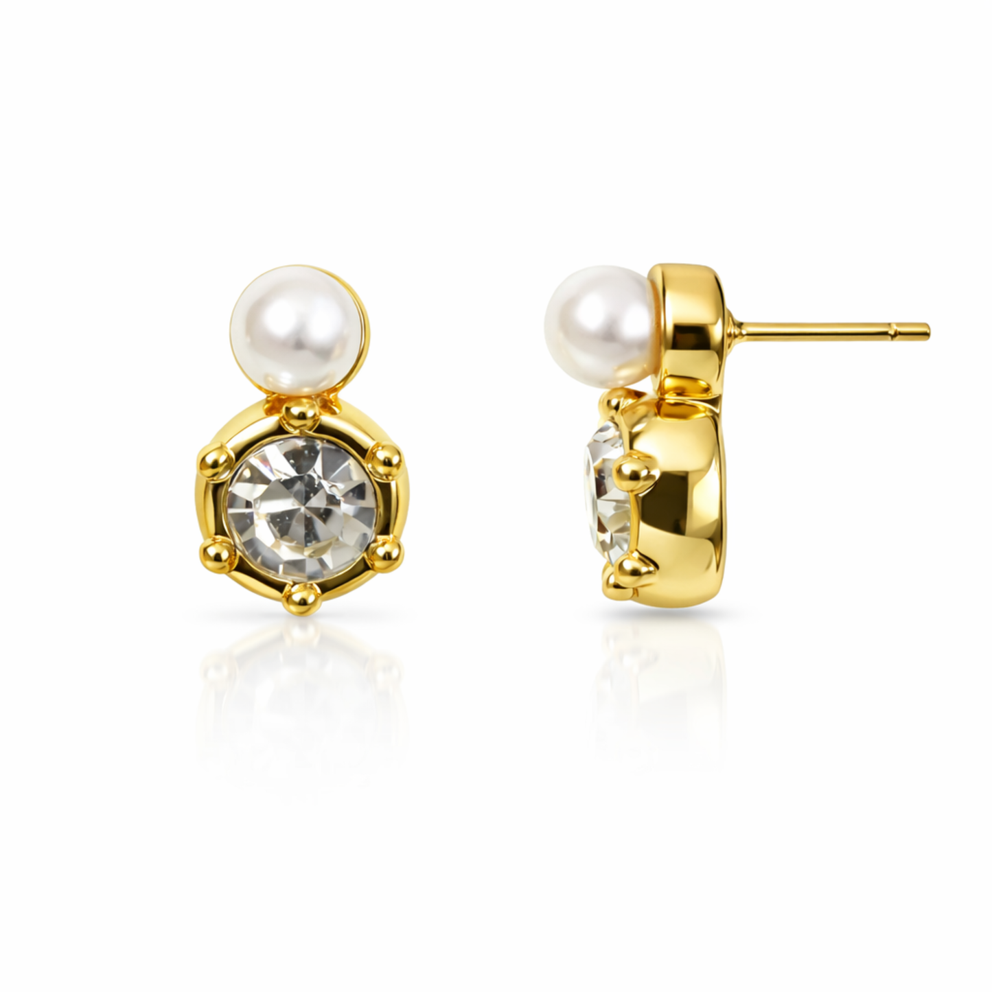 Radiant Harmony Stud Earrings – Clear Stone and Pearl Duo
