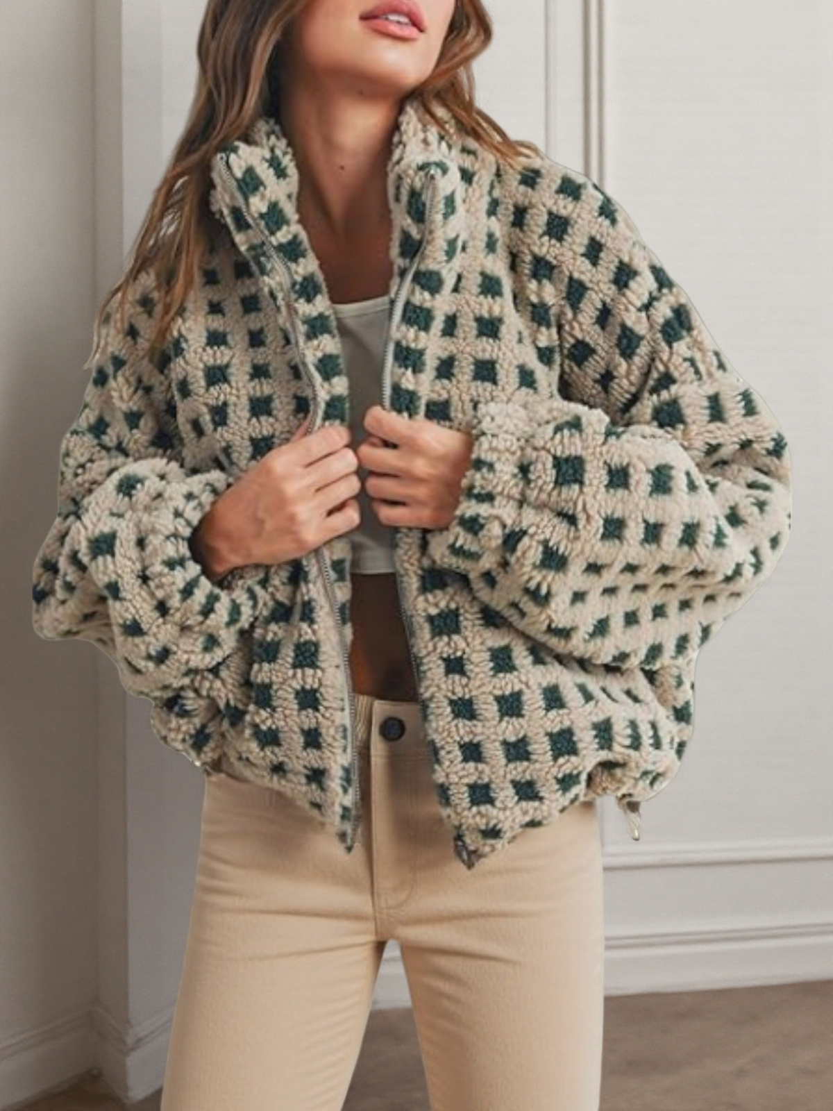 Checkered Gingham Sherpa zip-up jacket 6 COLORS