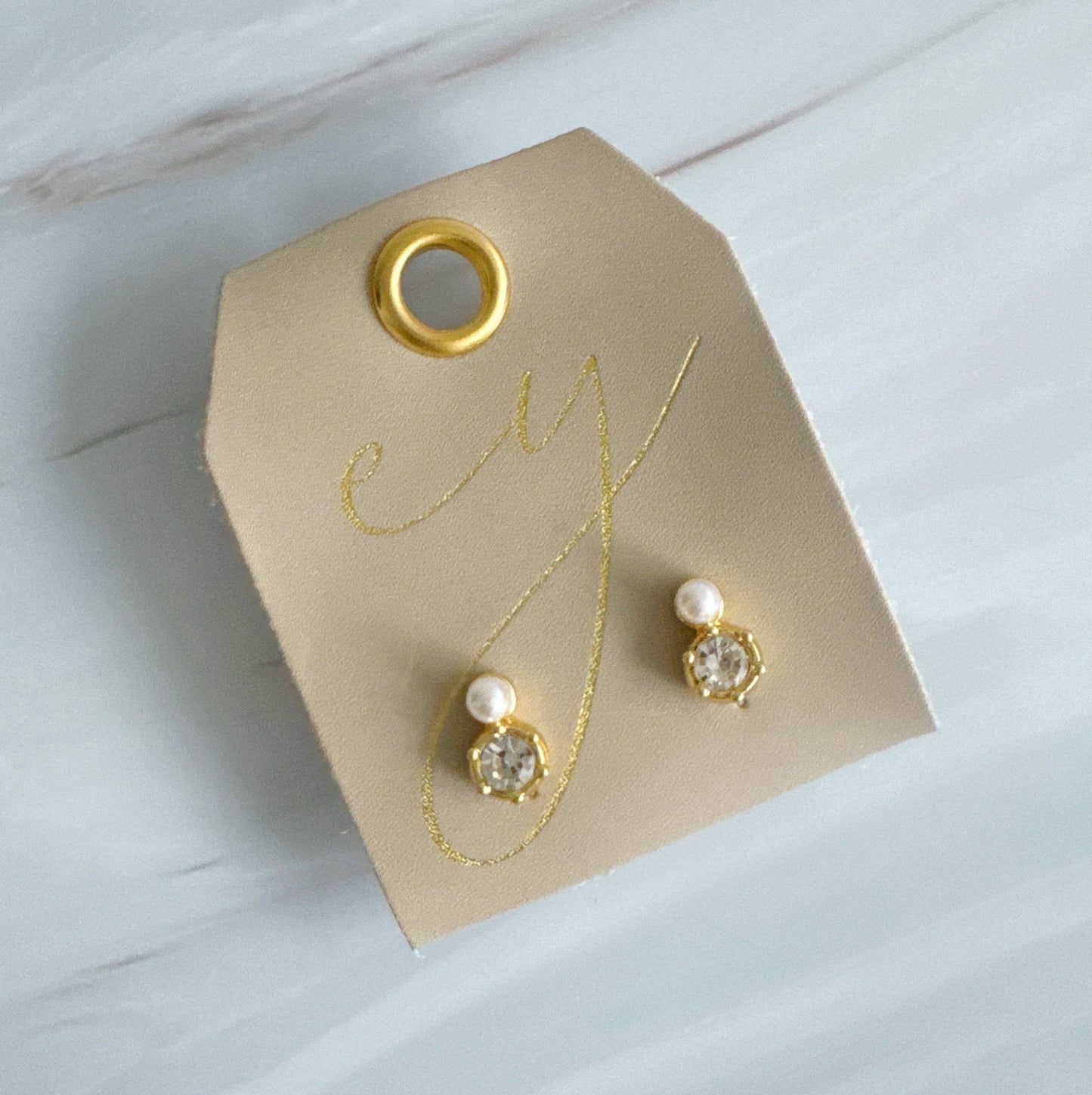 Radiant Harmony Stud Earrings – Clear Stone and Pearl Duo