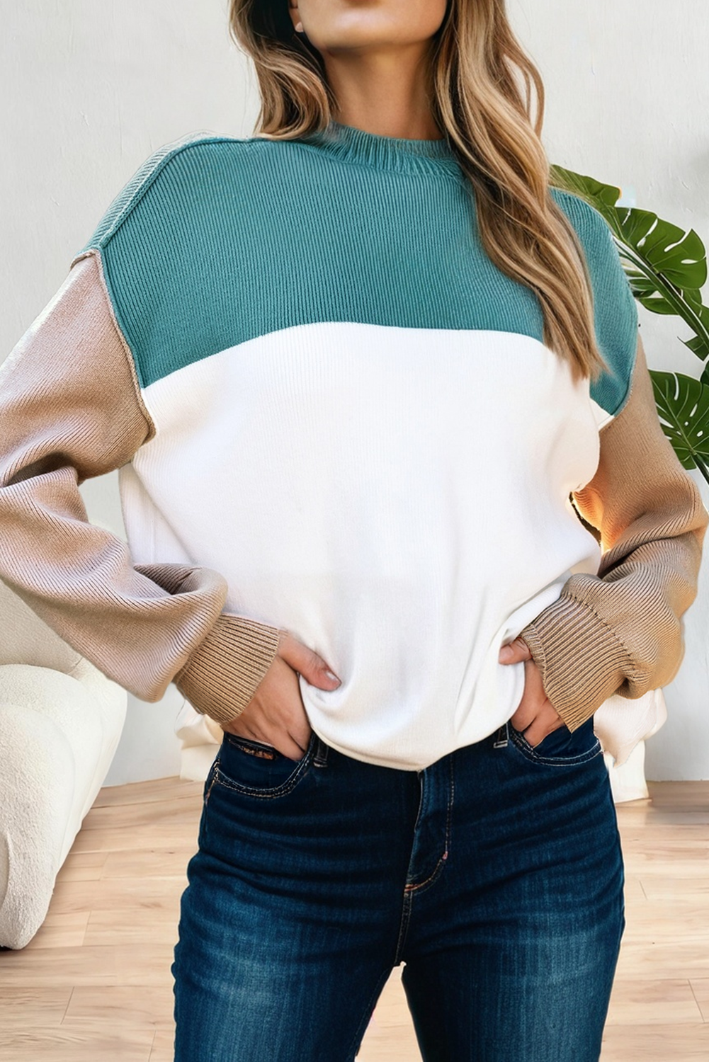 Color Block Plain Ribbed Knit Baggy Sweater