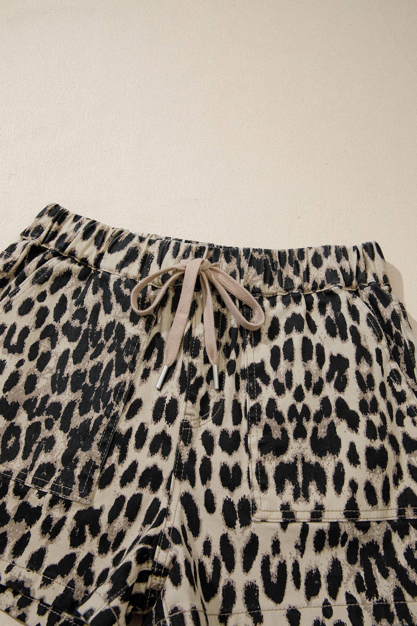 Leopard Lace-up Elastic Waistband Mid Rise Denim Shorts
