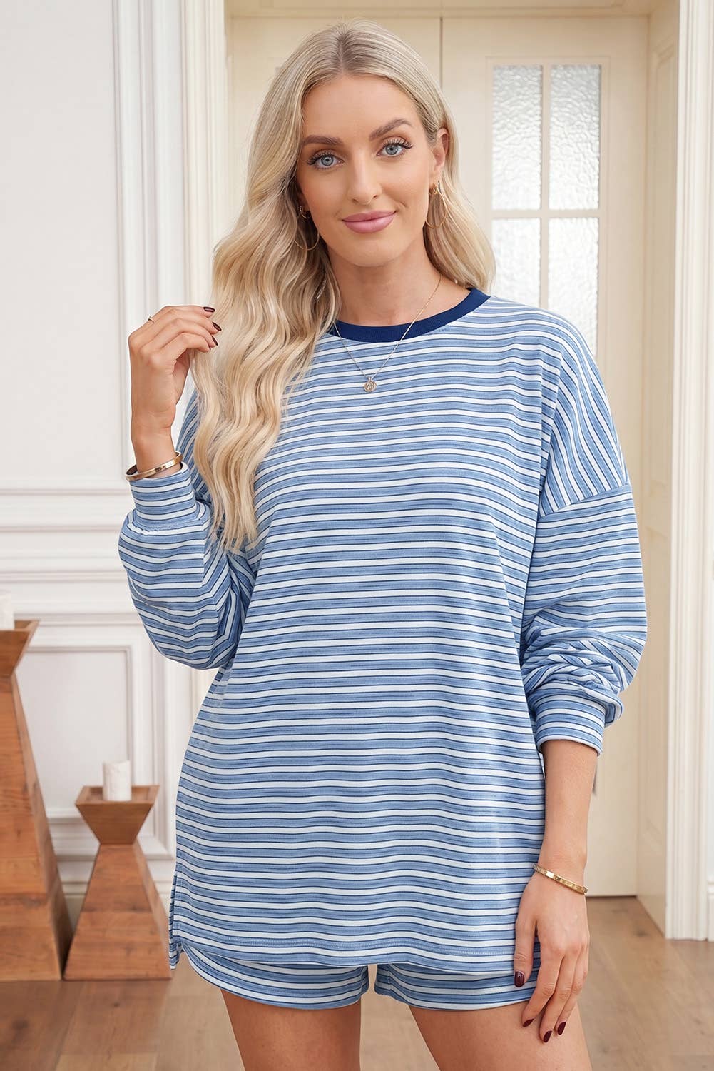 66 Striped Long Sleeve Top and Shorts Two-Piece Set (S-XL)