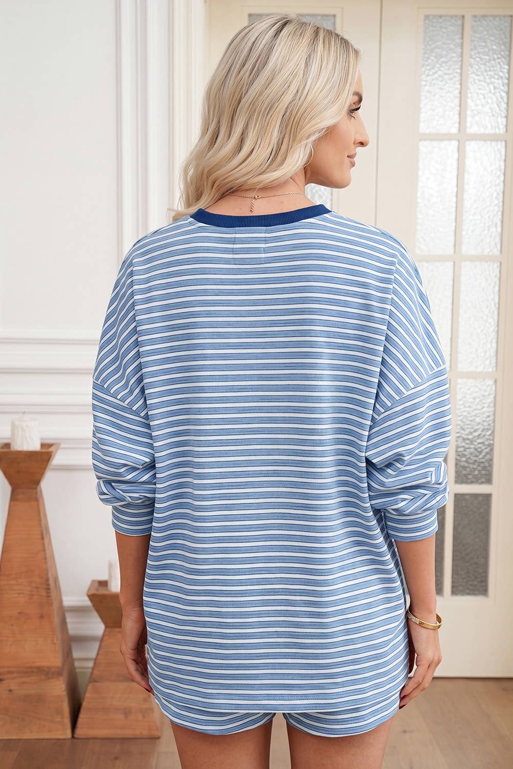 66 Striped Long Sleeve Top and Shorts Two-Piece Set (S-XL)