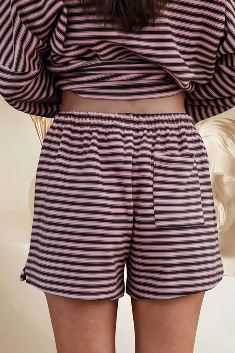 66 Striped Long Sleeve Top and Shorts Two-Piece Set (S-XL)