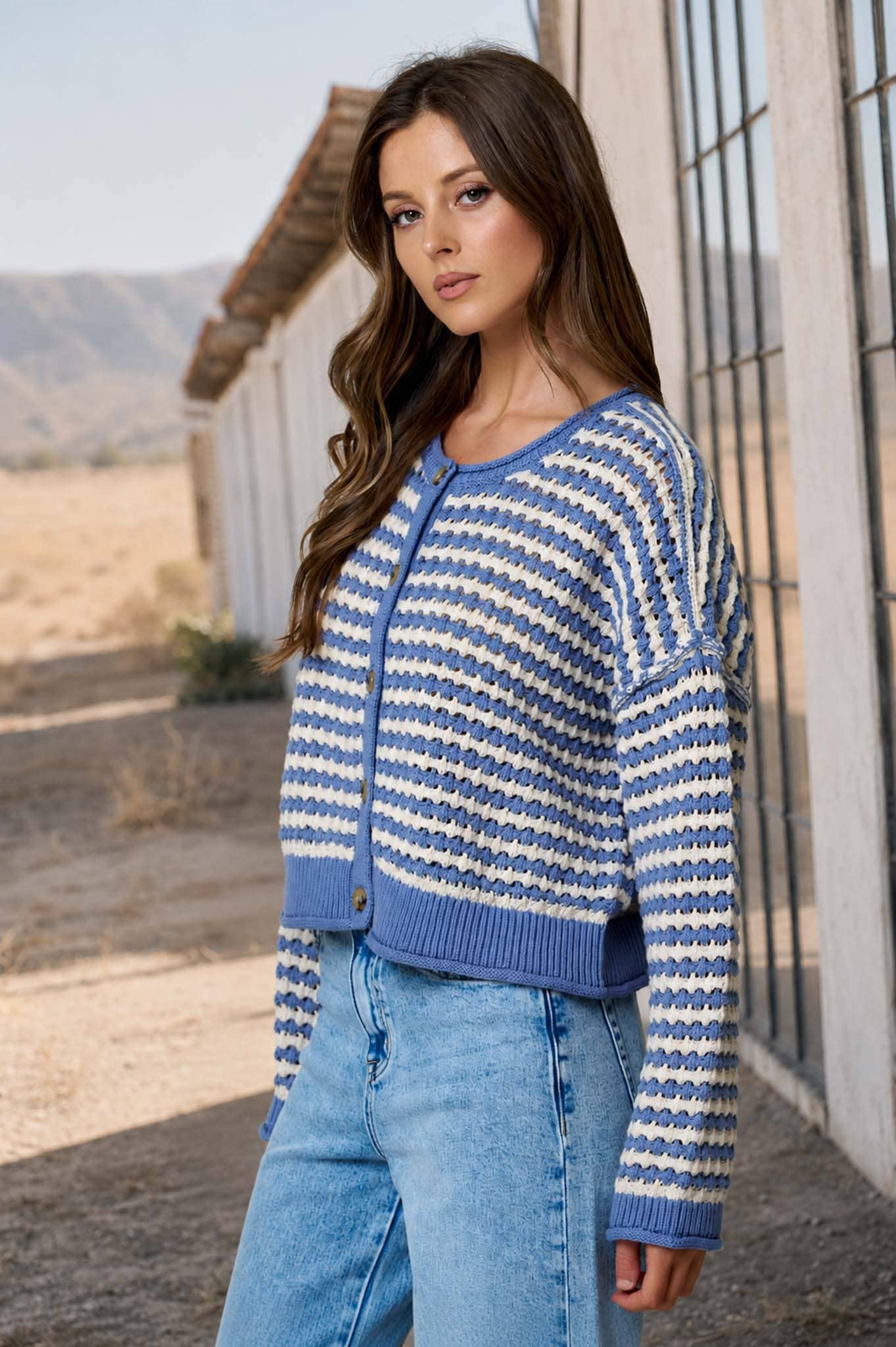 TEXTURED STRIPE CROCHET KNIT BUTTON DOWN CARDIGAN