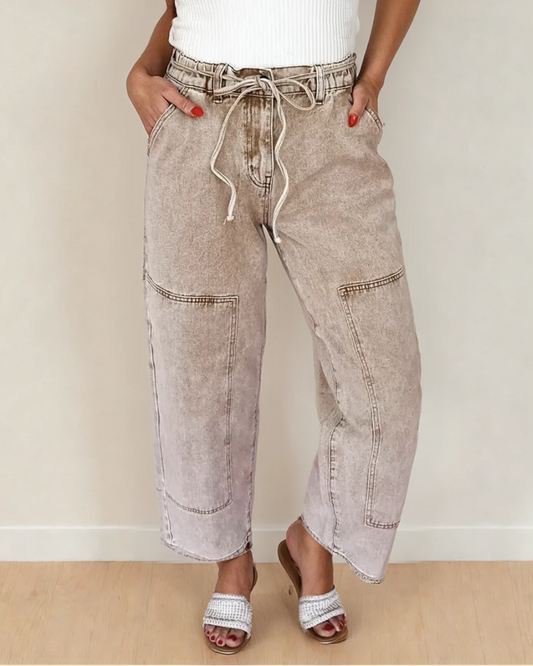 Acid Wash Barrel Fit Denim Pants  - Sand