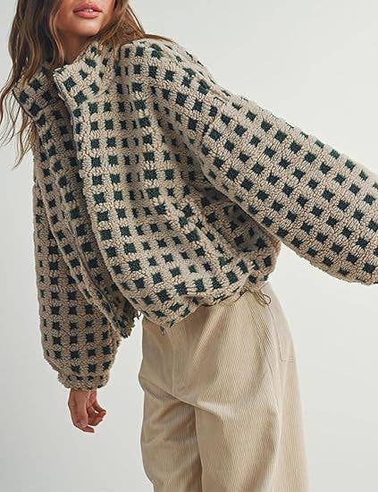 Checkered Gingham Sherpa zip-up jacket 6 COLORS