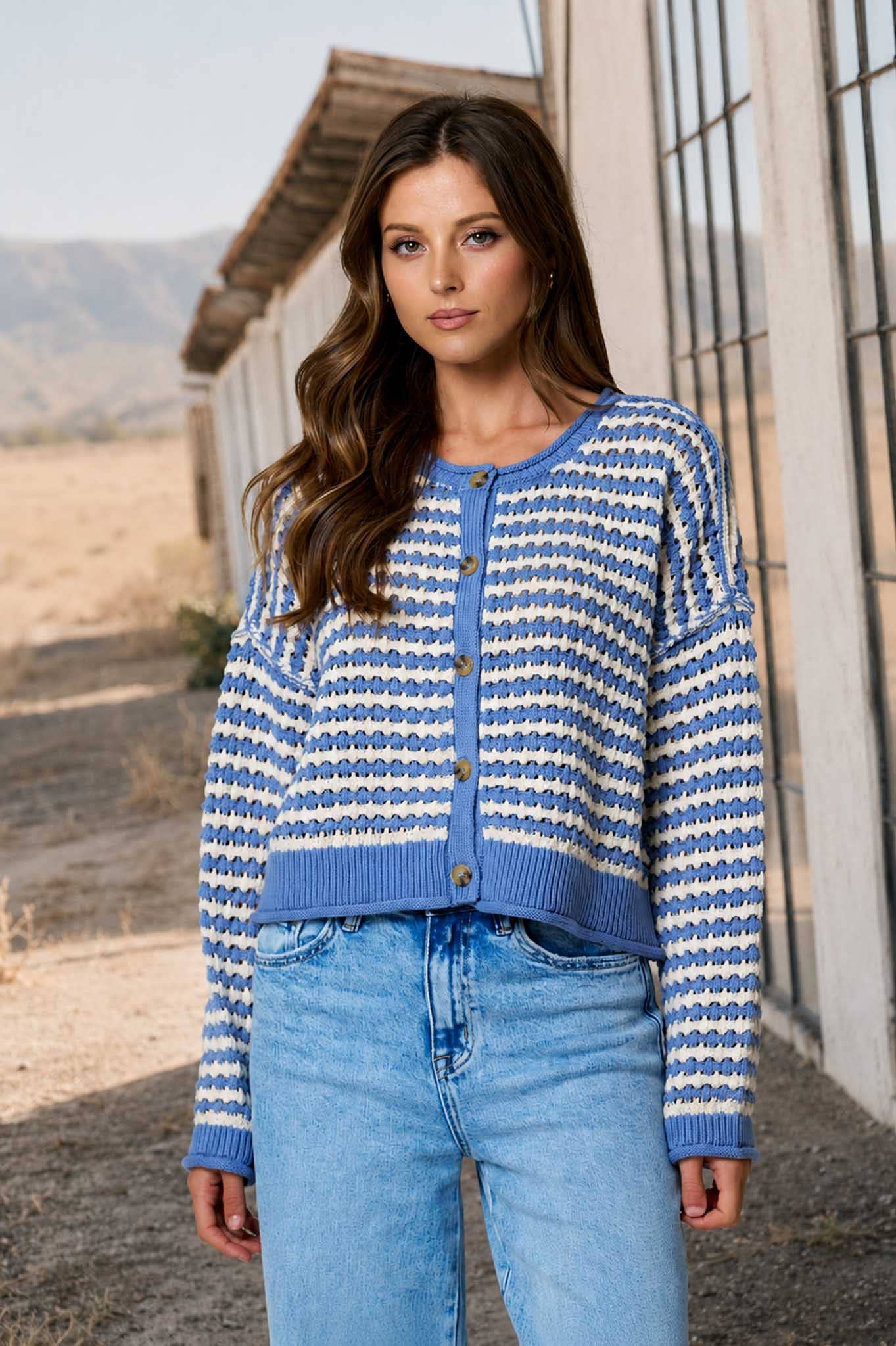 TEXTURED STRIPE CROCHET KNIT BUTTON DOWN CARDIGAN
