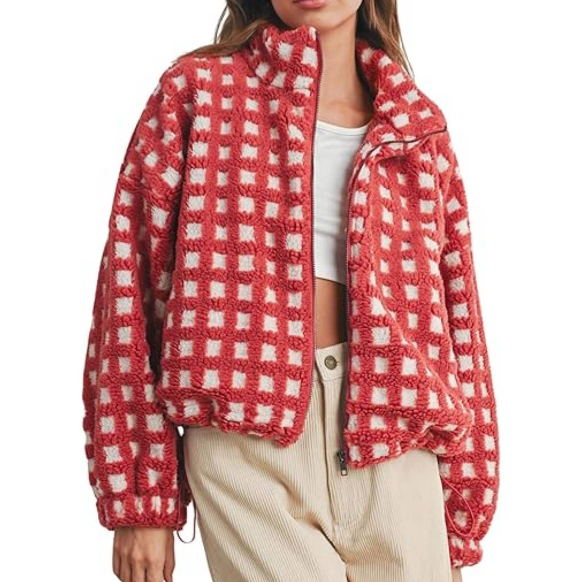 Checkered Gingham Sherpa zip-up jacket 6 COLORS