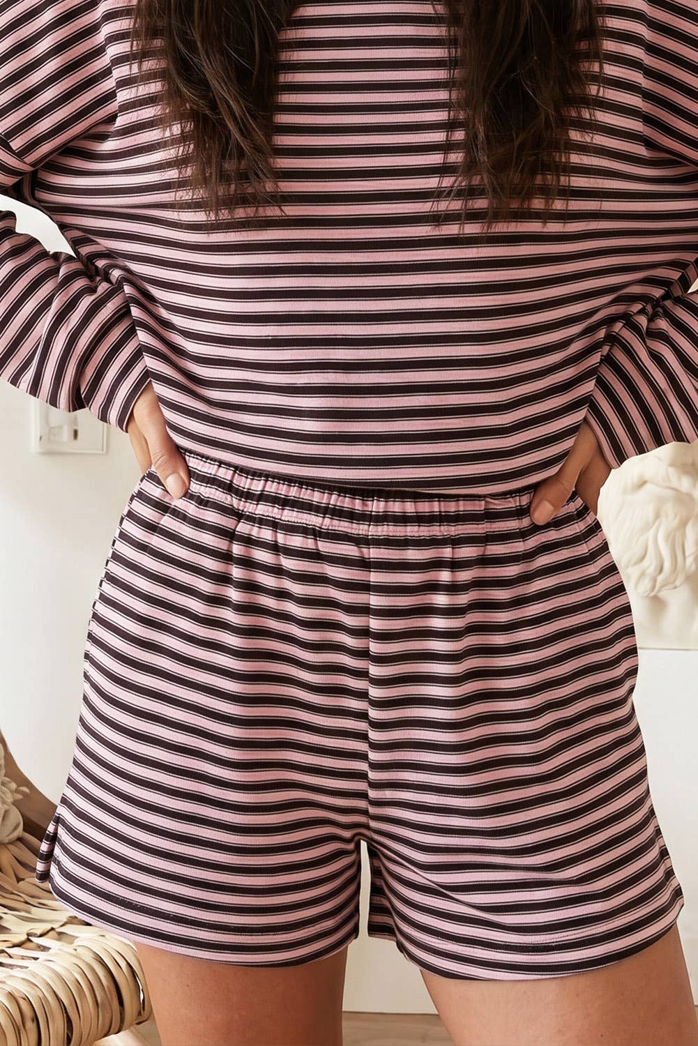 66 Striped Long Sleeve Top and Shorts Two-Piece Set (S-XL)
