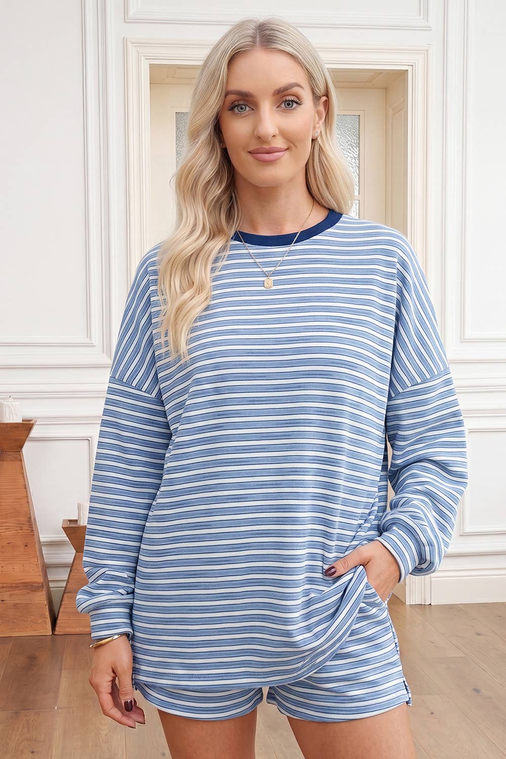 66 Striped Long Sleeve Top and Shorts Two-Piece Set (S-XL)