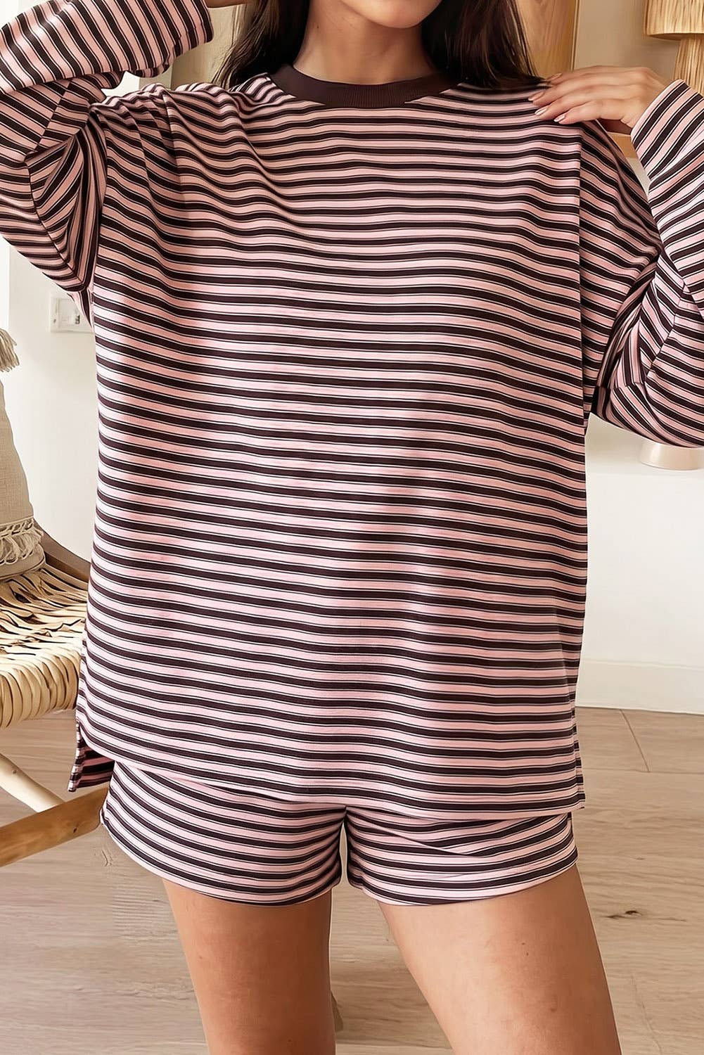 66 Striped Long Sleeve Top and Shorts Two-Piece Set (S-XL)
