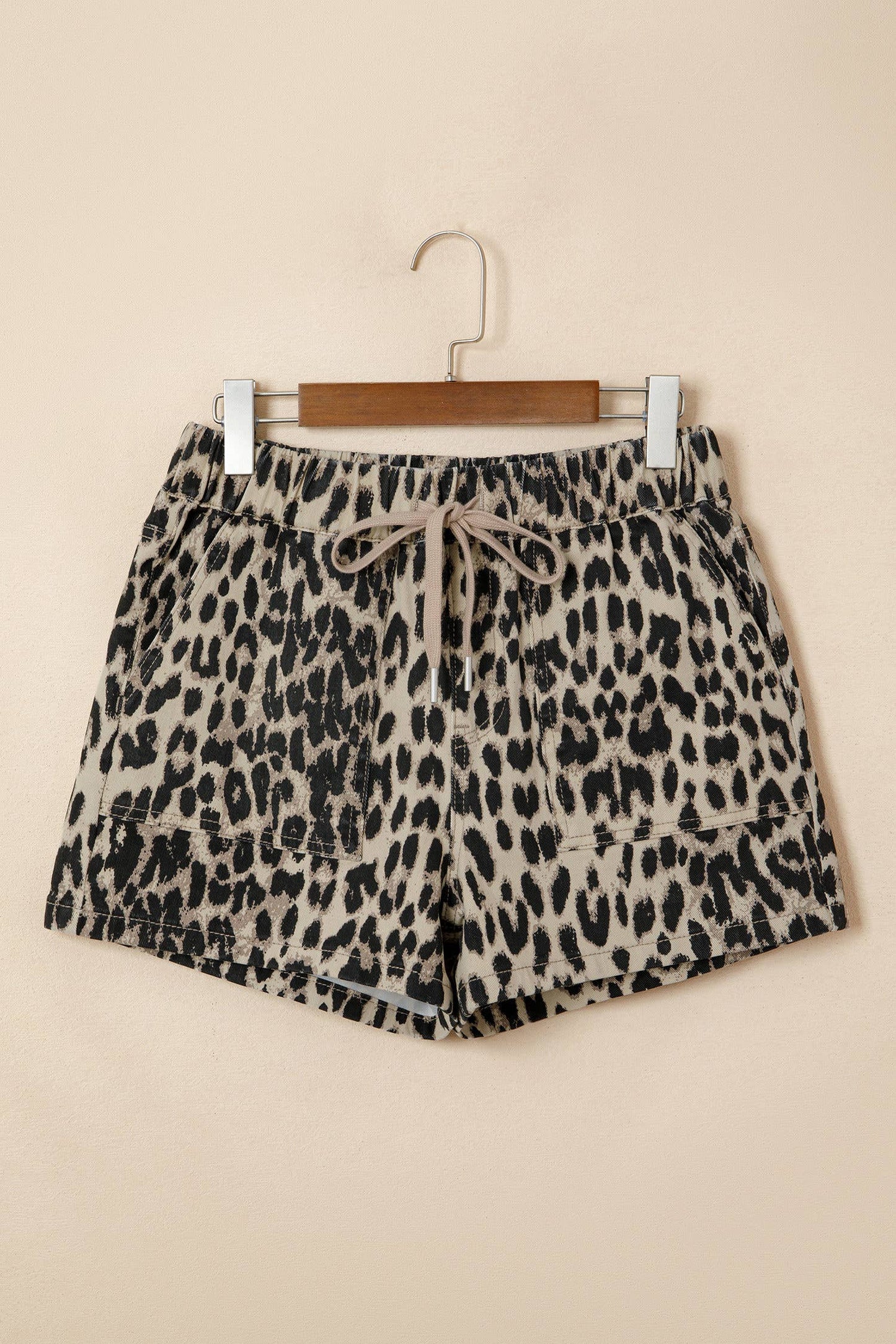Leopard Lace-up Elastic Waistband Mid Rise Denim Shorts