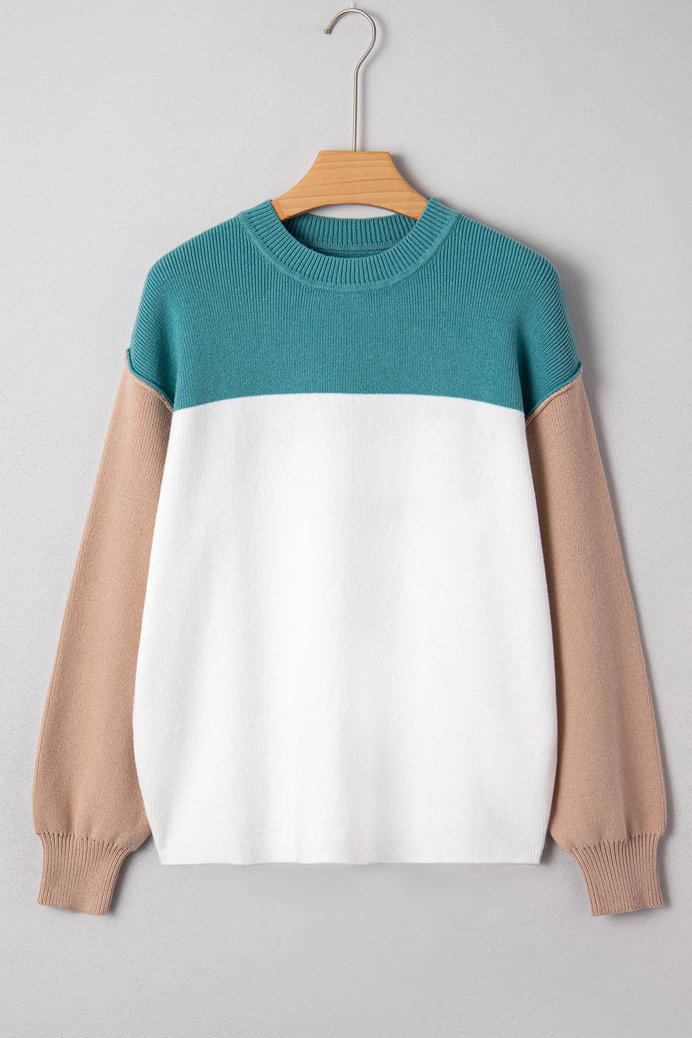 Color Block Plain Ribbed Knit Baggy Sweater