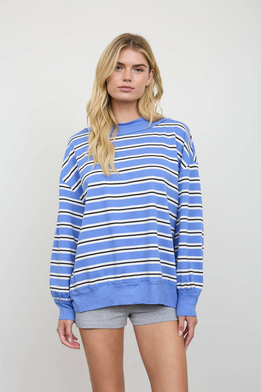 CONTRAST WIDE NECK LONG SLEEVE STRIPE KNIT TOP