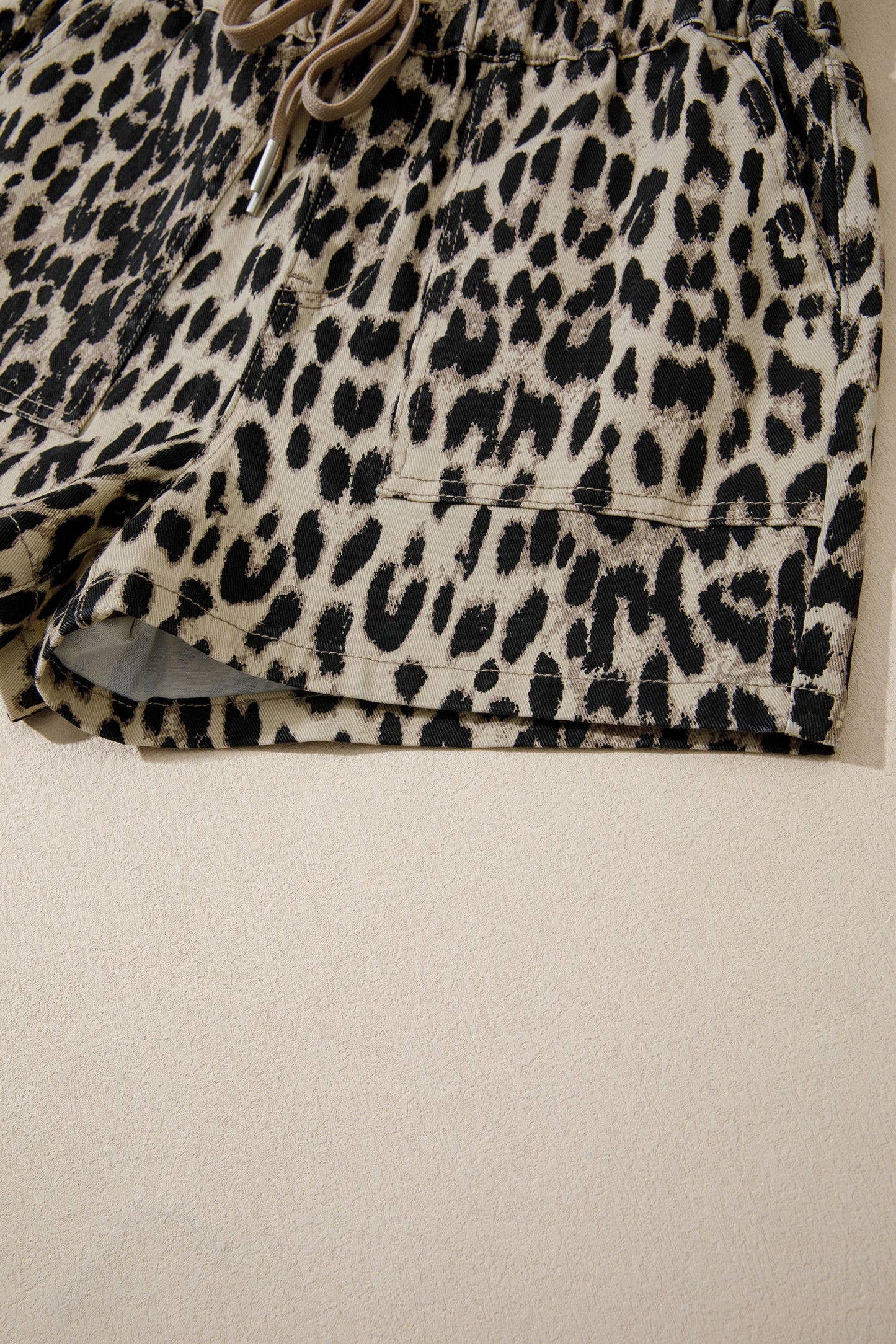 Leopard Lace-up Elastic Waistband Mid Rise Denim Shorts
